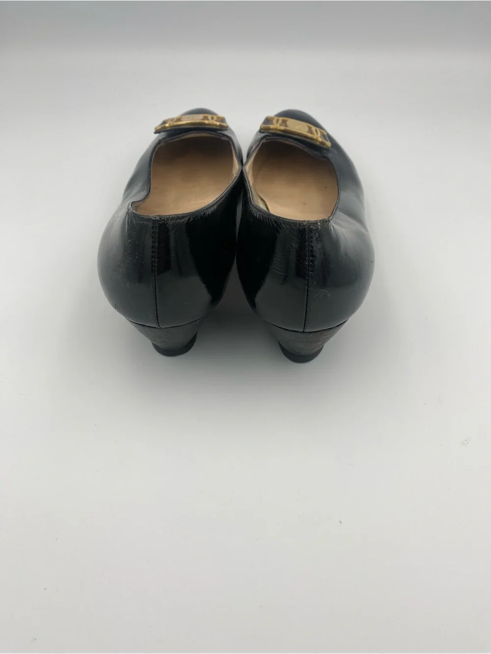 Salvatore Ferragamo Black Leather Low Heel Loafers with Gold Hardware